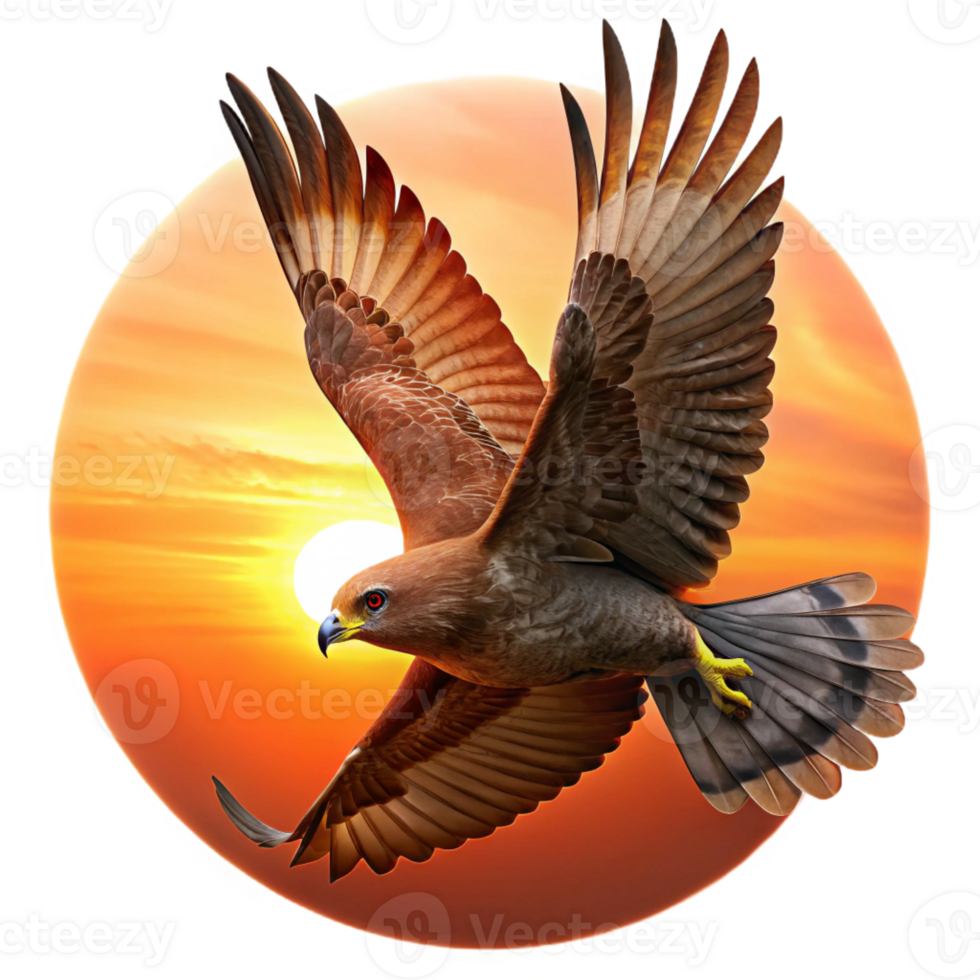 wonderful minimalist A powerful hawk soaring through the sky, silhouetted against the setting sun, in a dramatic and dynamic digital painting style high quality png