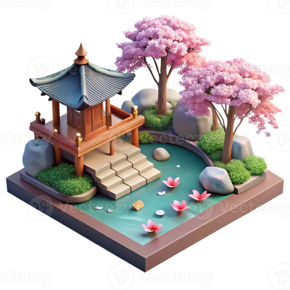 elegant traditional A tranquil Japanese garden with a koi pond, cherry blossoms in bloom, serene atmosphere, soft lighting, high resolution png