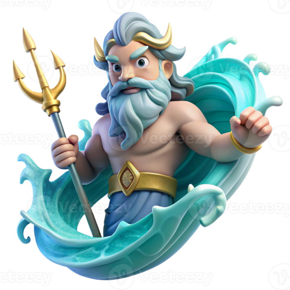 serene artistic A powerful Poseidon, wielding a trident and commanding the waves, his beard and hair formed from flowing water. Dynamic, Romantic style high quality png