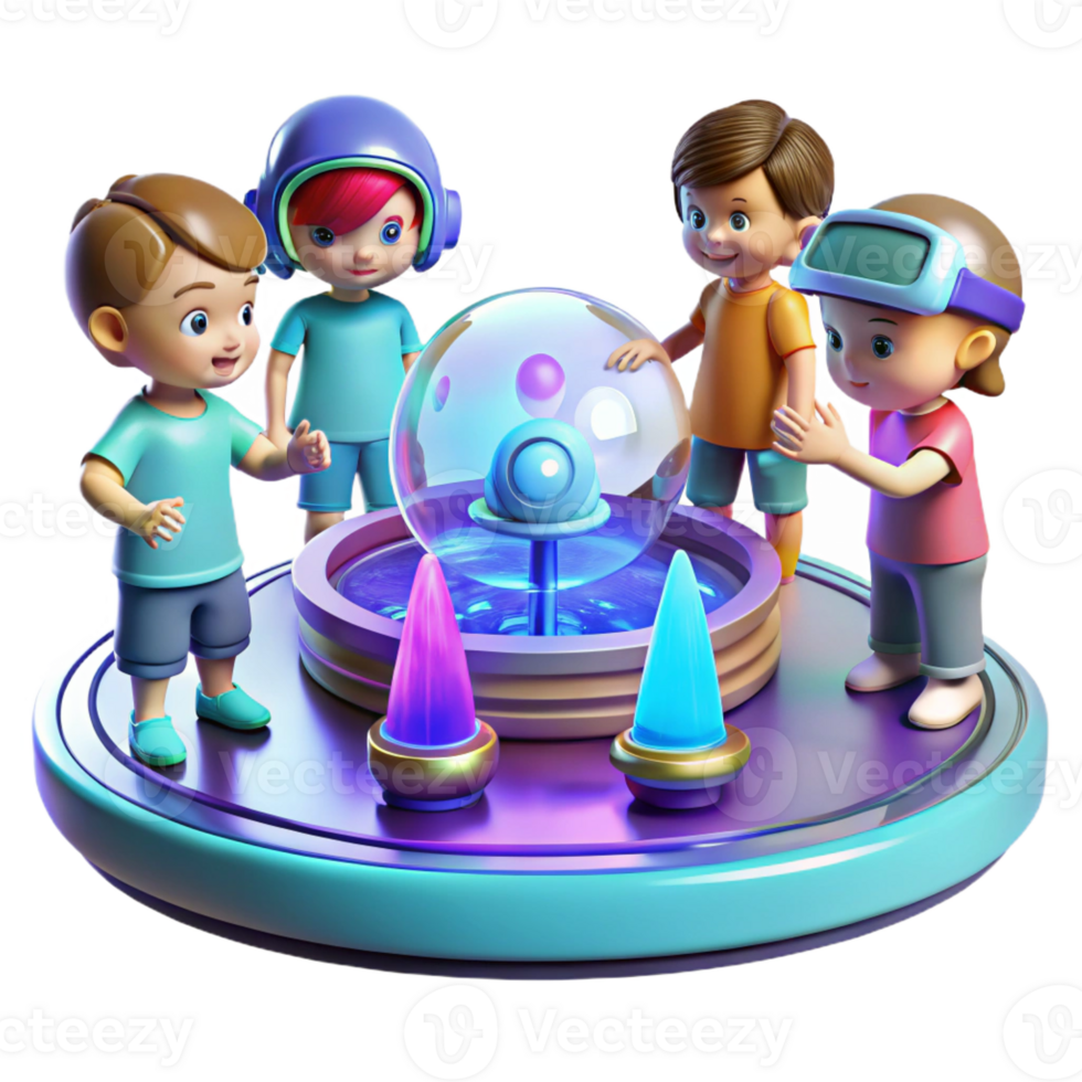 elegant vintage A group of children playing with holographic toys in a futuristic playground. Bright, playful lighting. Cartoon style exclusive png
