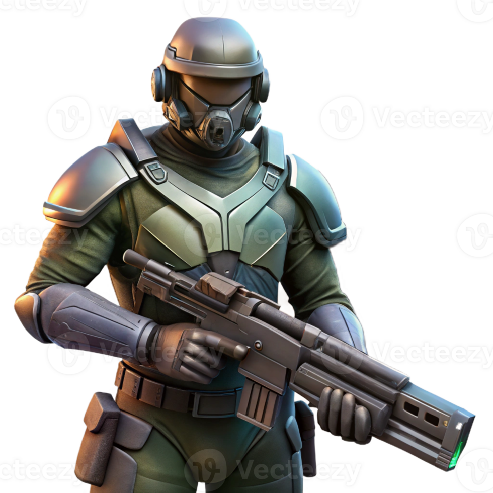 stunning creative A futuristic soldier, armed with a plasma rifle, standing guard in a desolate, war-torn city. Harsh, dramatic lighting. Military sci-fi style original png