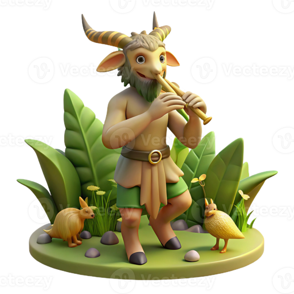dramatic vintage Pan, the goat-legged god, playing his panpipes in a sun-dappled forest glade, surrounded by playful nymphs. Light, airy, Impressionist style professional png