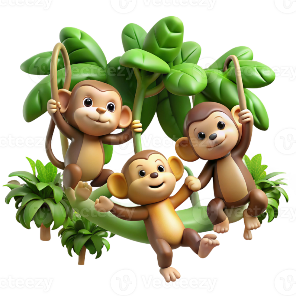 wonderful rustic A group of playful monkeys swinging through the jungle canopy, bathed in dappled sunlight, in a vibrant and energetic cartoon style genuine png
