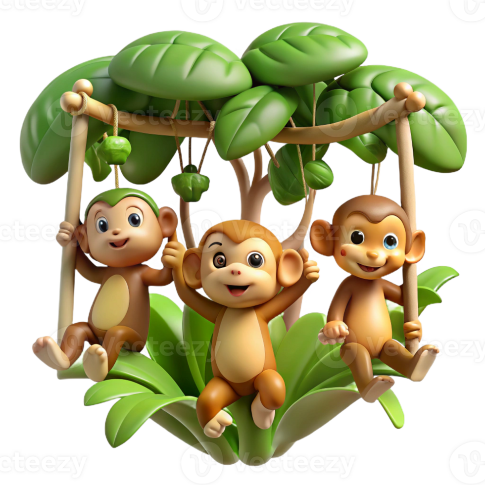 stunning abstract A group of playful monkeys swinging through the jungle canopy, bathed in dappled sunlight, in a vibrant and energetic cartoon style exclusive png