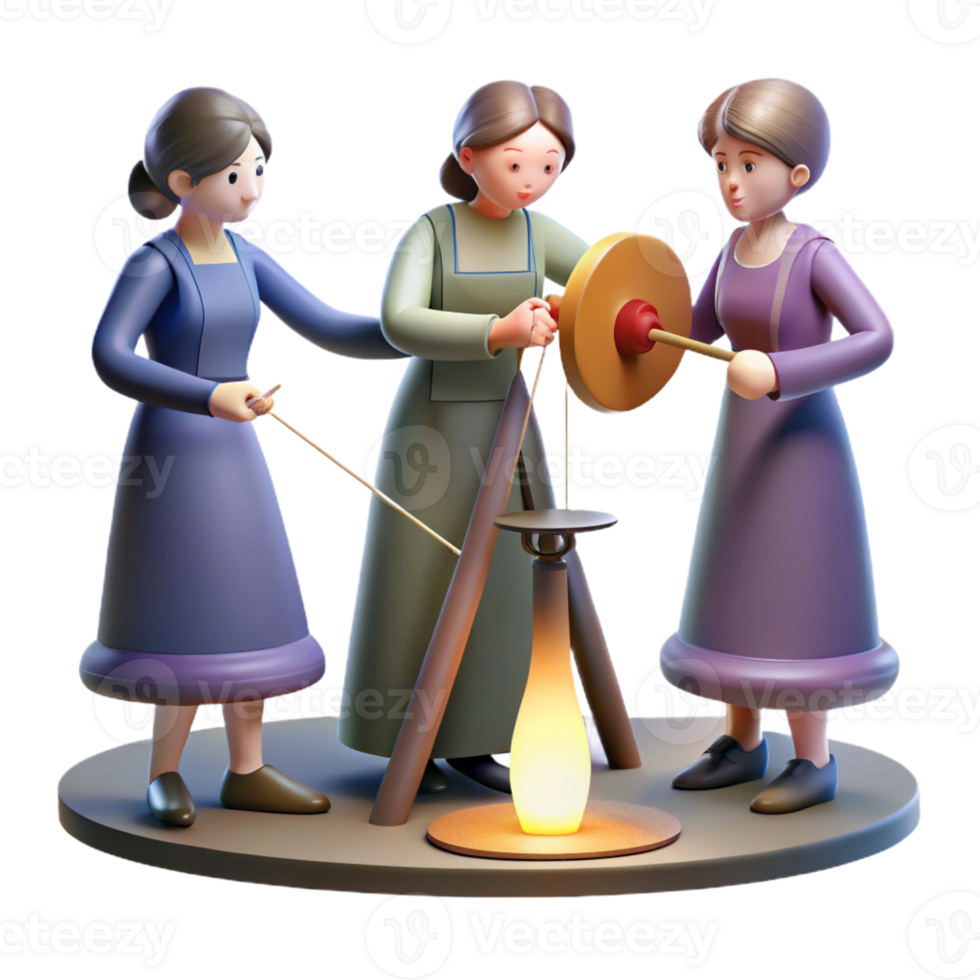 beautiful classic The Fates, three women spinning, measuring, and cutting the thread of life, illuminated by a single, ethereal light source. Dramatic, chiaroscuro lighting professional png
