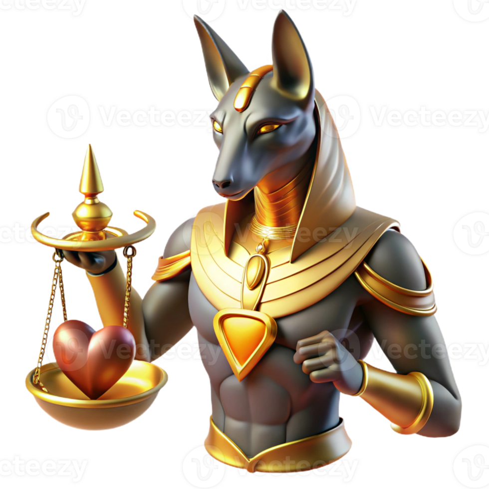 wonderful abstract Anubis, jackal-headed Egyptian god of the dead, weighing a human heart against a feather on golden scales, bathed in ethereal moonlight, art deco style, metallic textures, exclusive png