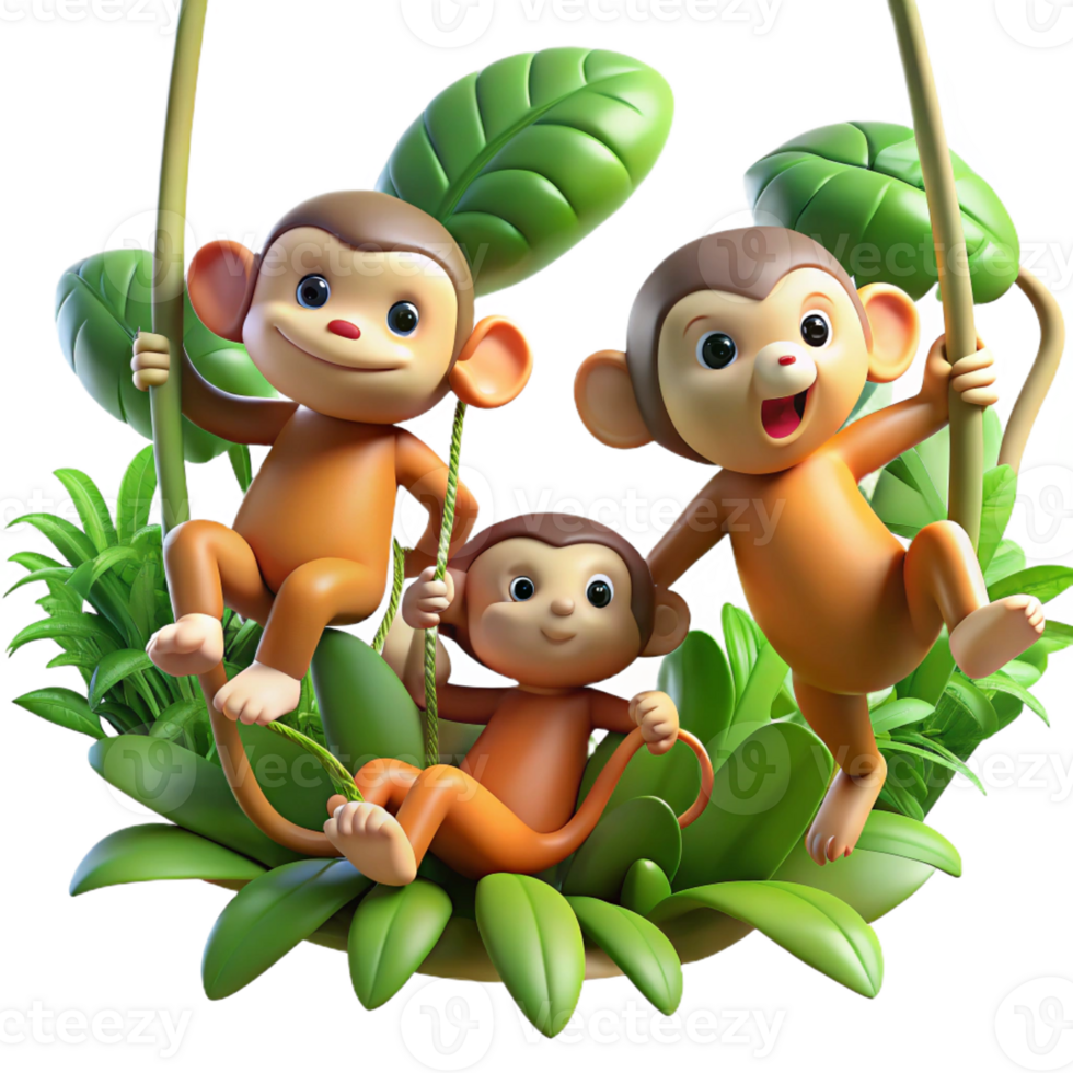 magnificent modern A group of playful monkeys swinging through the jungle canopy, bathed in dappled sunlight, in a vibrant and energetic cartoon style premium png
