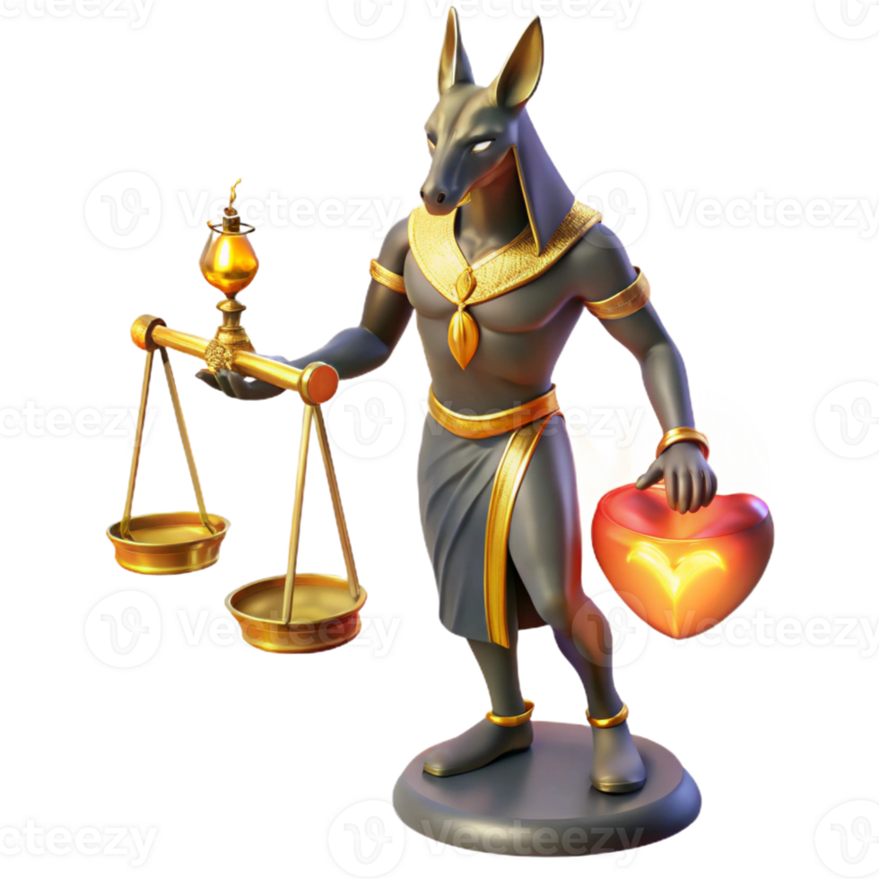 vibrant vintage Anubis, the jackal-headed god, weighing a human heart against a feather on golden scales, illuminated by flickering torchlight. Ancient Egyptian mural style high resolution png