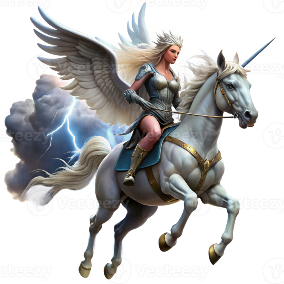 impressive traditional A fierce Valkyrie riding a winged horse across a stormy sky, lightning illuminating her armor and spear, dramatic lighting, romanticism style, high quality png