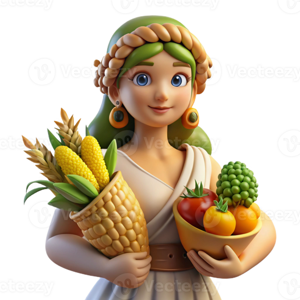 wonderful modern A benevolent Demeter, holding a sheaf of wheat and a cornucopia overflowing with fruits and vegetables. Earthy, Pre-Raphaelite style high quality png