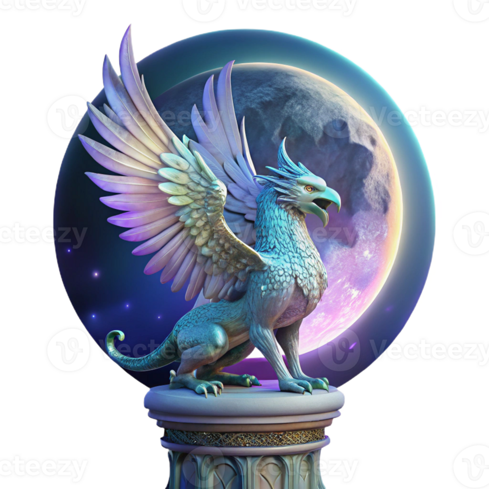 beautiful minimalist A majestic griffin with iridescent feathers, perched atop a crumbling stone pillar, bathed in the ethereal glow of a full moon. Intricate, Art Nouveau style authentic png