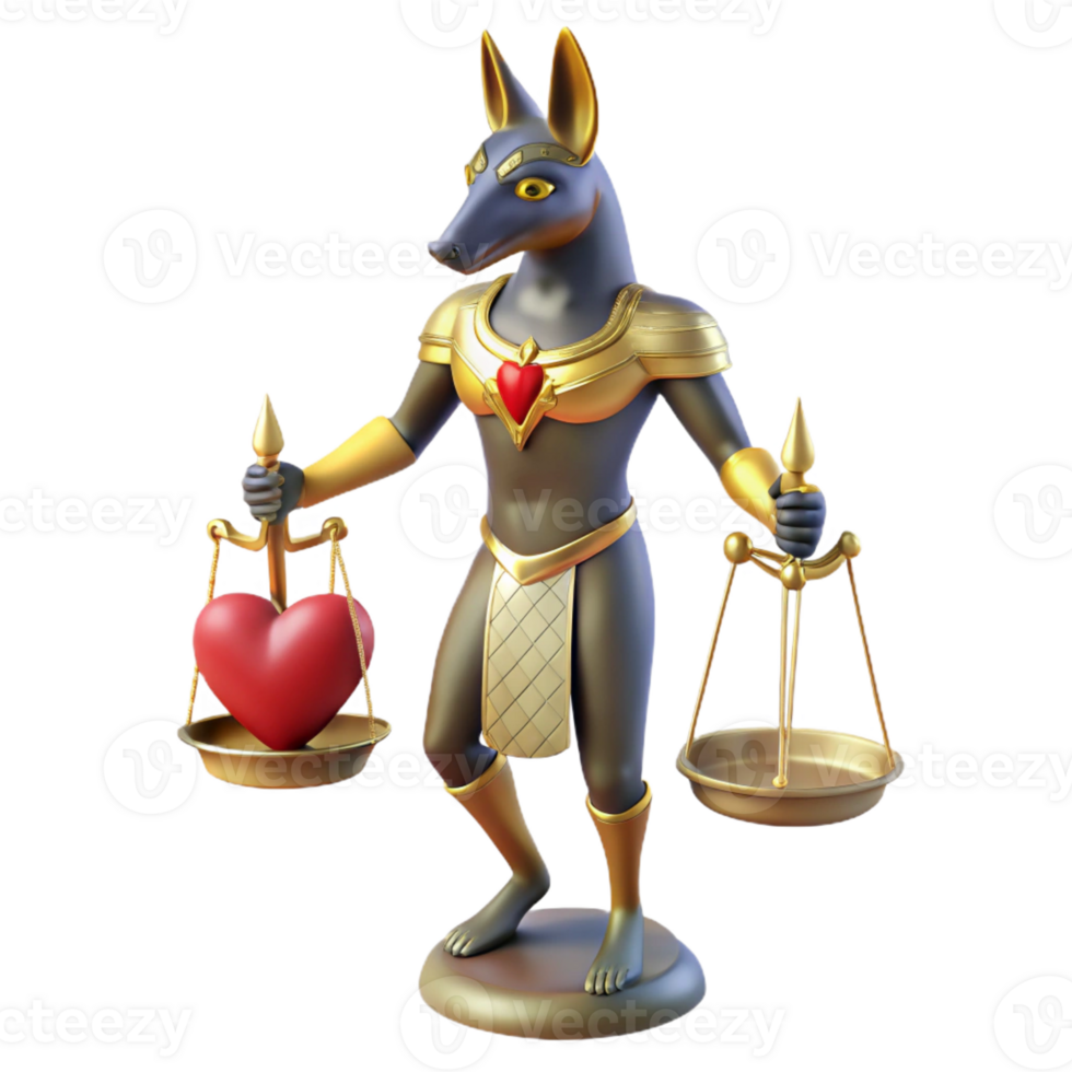 extraordinary creative Anubis, the jackal-headed god, weighing a human heart against a feather on golden scales, illuminated by flickering torchlight. Ancient Egyptian mural style professional png