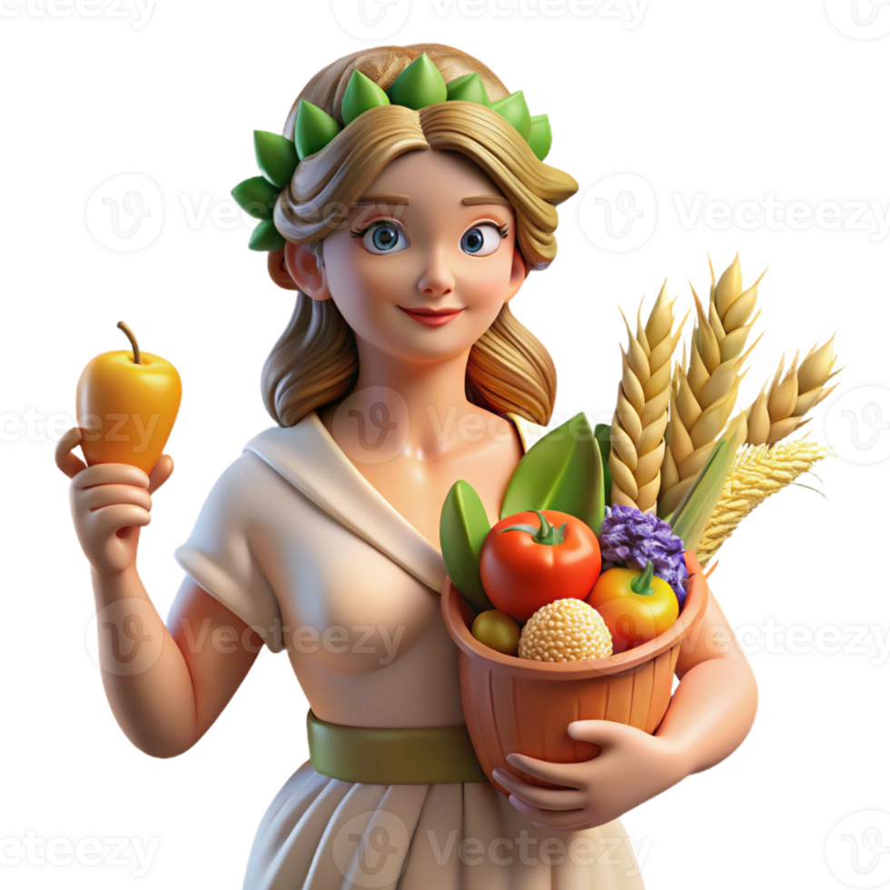 stunning vintage A benevolent Demeter, holding a sheaf of wheat and a cornucopia overflowing with fruits and vegetables. Earthy, Pre-Raphaelite style genuine png