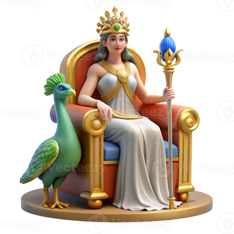 wonderful classic A majestic Hera, seated on a throne, holding a royal scepter, her peacock companion by her side. Regal, Byzantine style detailed png
