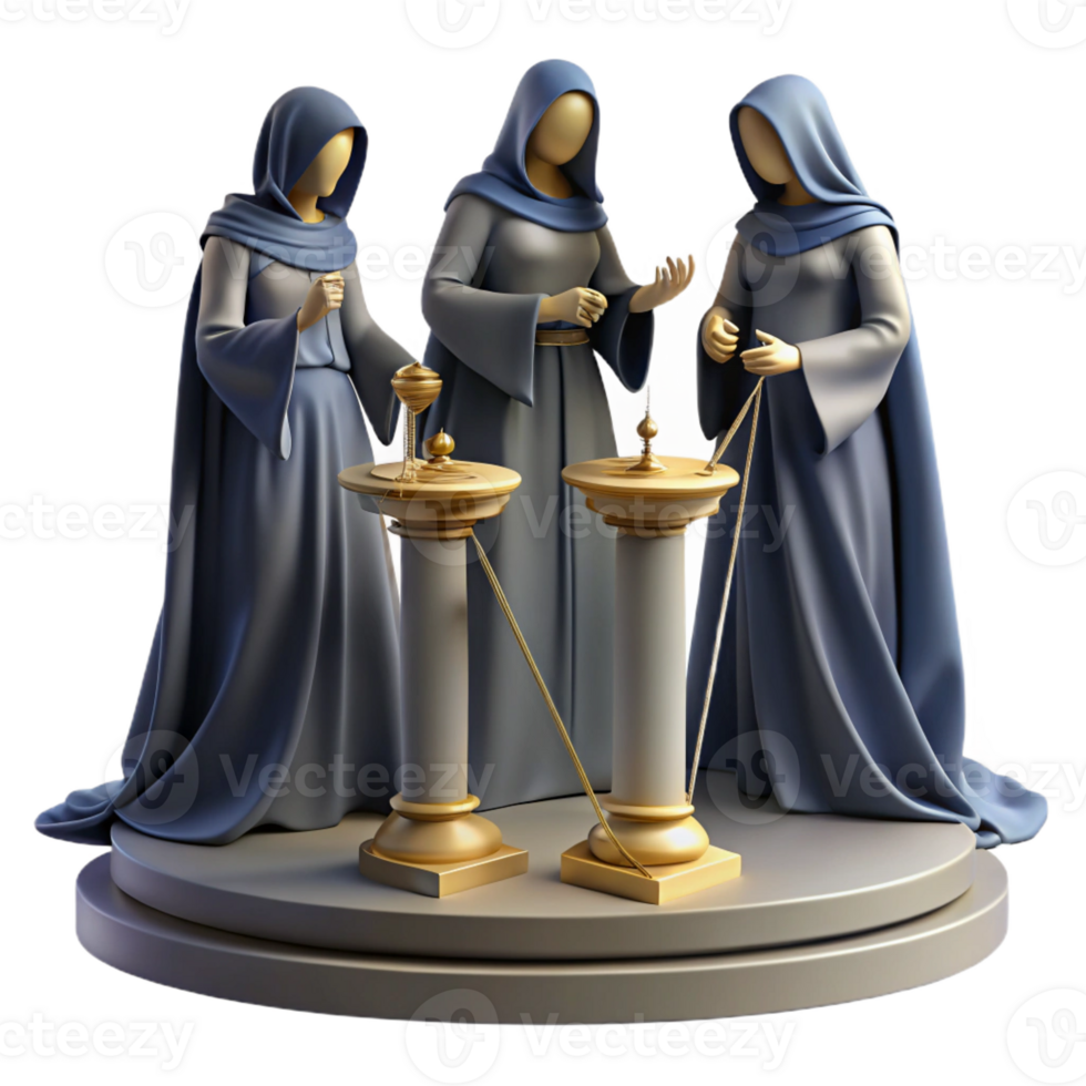 beautiful abstract The three Fates spinning, measuring, and cutting the thread of life, cloaked in shadows, dimly lit, neoclassical style, dramatic composition, genuine png