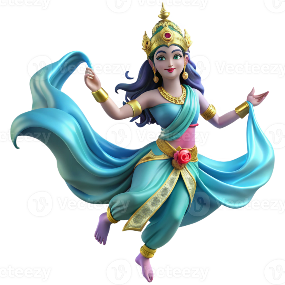 stunning vintage A celestial Apsara, Hindu spirit of the clouds and water, dancing gracefully in the air, adorned with flowing silks and jewels, soft lighting, traditional Indian art style, exclusive png