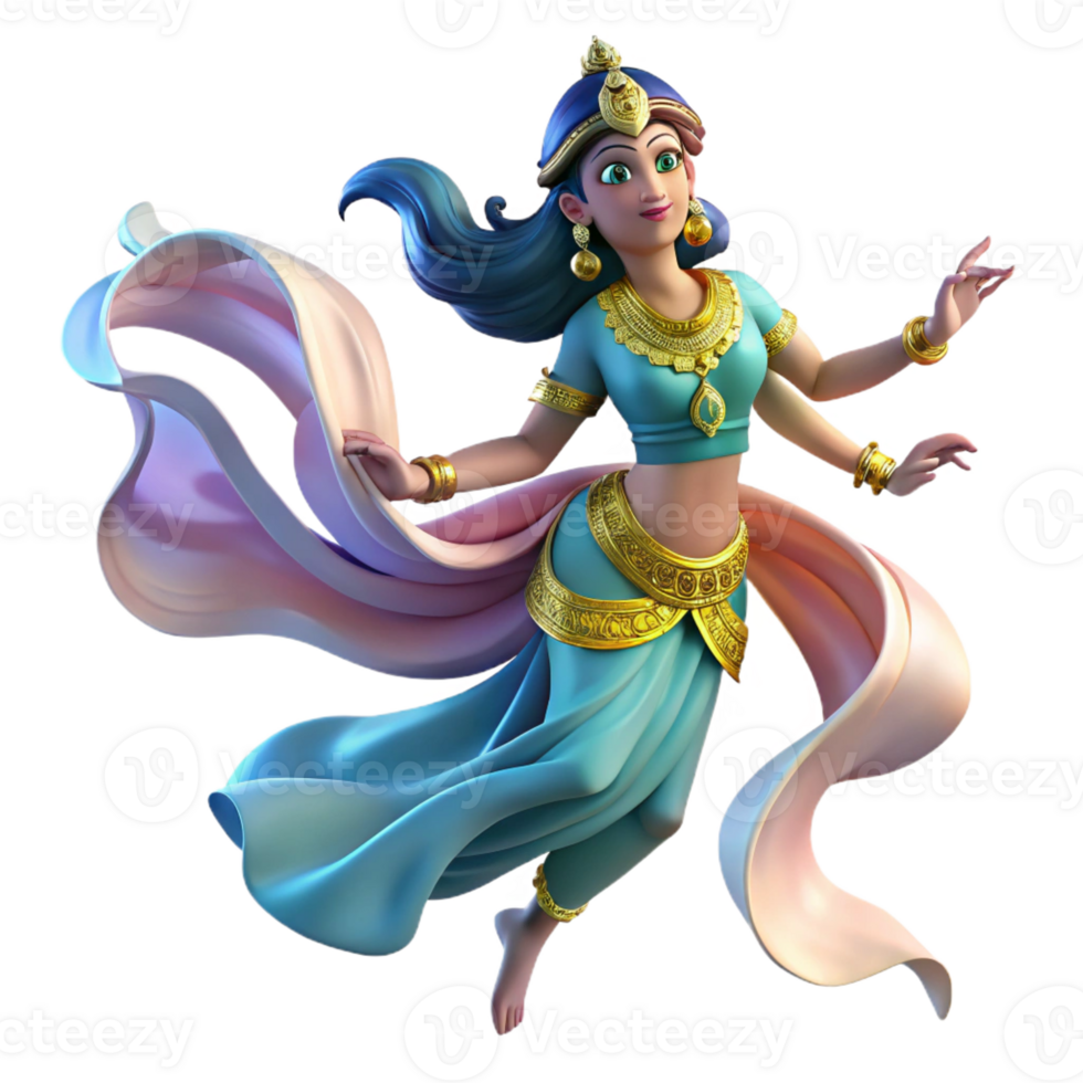 beautiful creative A celestial Apsara, Hindu spirit of the clouds and water, dancing gracefully in the air, adorned with flowing silks and jewels, soft lighting, traditional Indian art style, detailed png