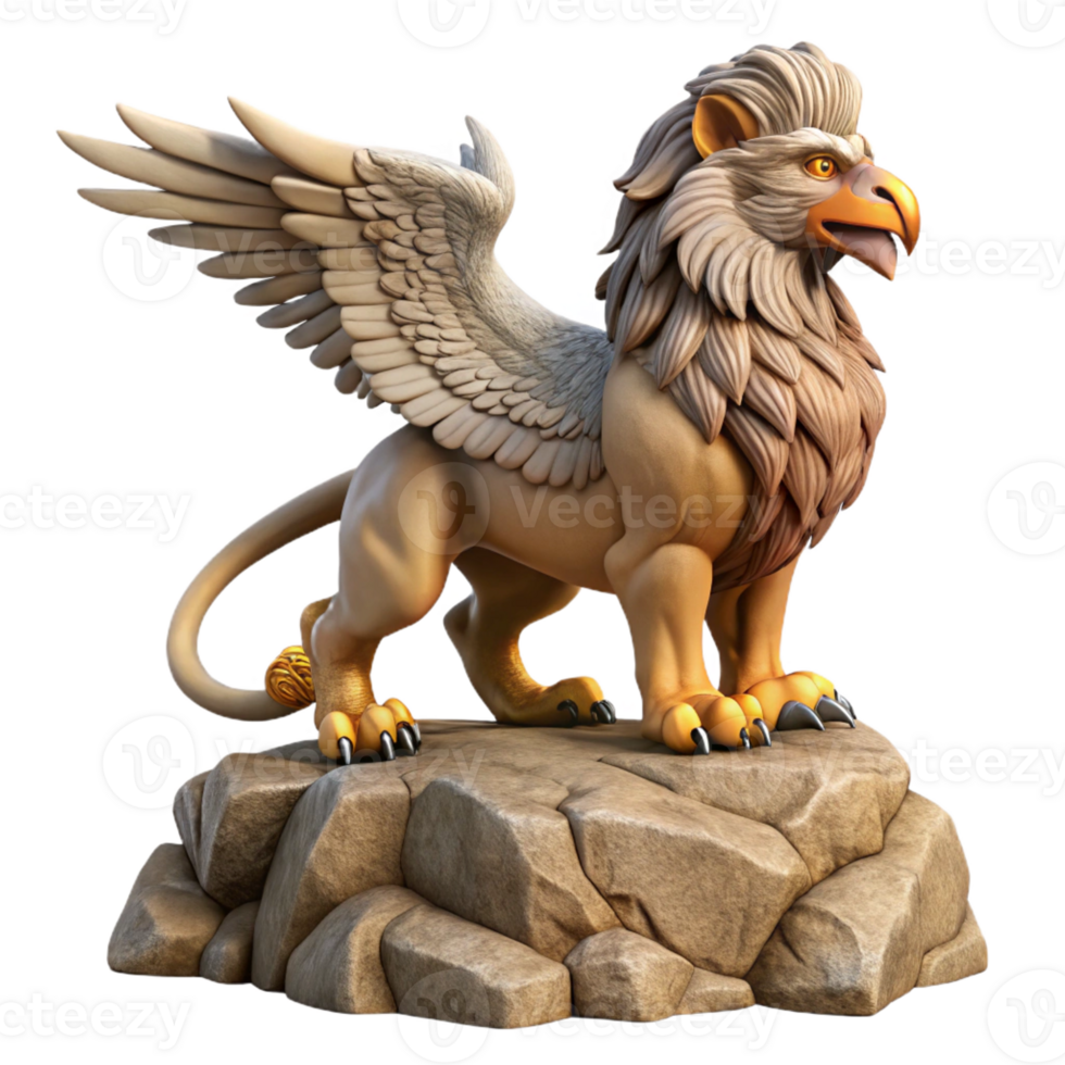 wonderful classic A proud Griffin, with the body of a lion and the head and wings of an eagle, perched atop a rocky crag, sunset lighting, realistic style, detailed textures, detailed png