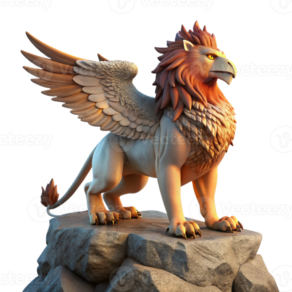 stunning contemporary A proud Griffin, with the body of a lion and the head and wings of an eagle, perched atop a rocky crag, sunset lighting, realistic style, detailed textures, 4K png