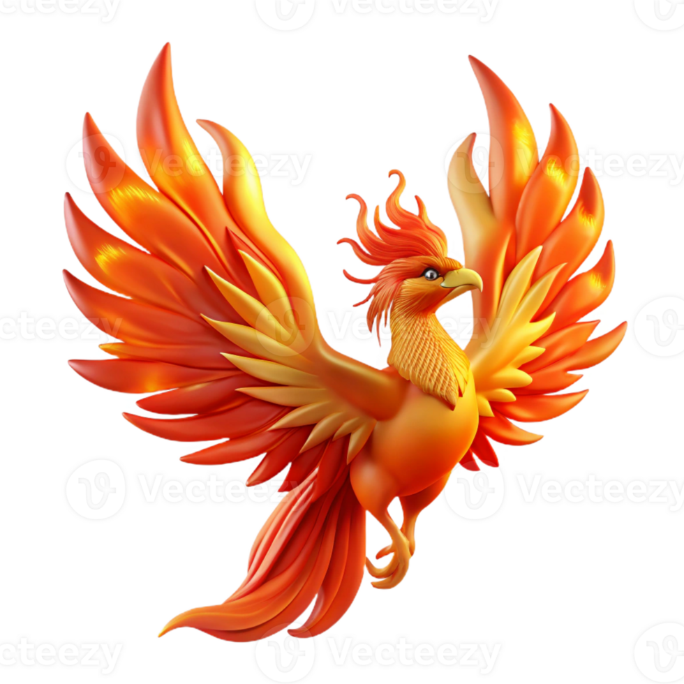 beautiful creative A majestic Phoenix rising from flames, its feathers glowing with fiery hues, vibrant and dramatic lighting, art deco style, premium png