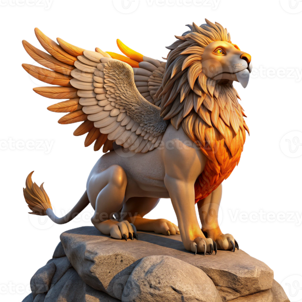 dramatic classic A proud Griffin, with the body of a lion and the head and wings of an eagle, perched atop a rocky crag, sunset lighting, realistic style, detailed textures, authentic png