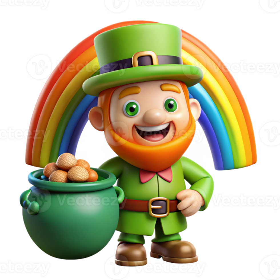 elegant modern A mischievous Leprechaun guarding a pot of gold at the end of a rainbow, vibrant colors, whimsical style, premium png
