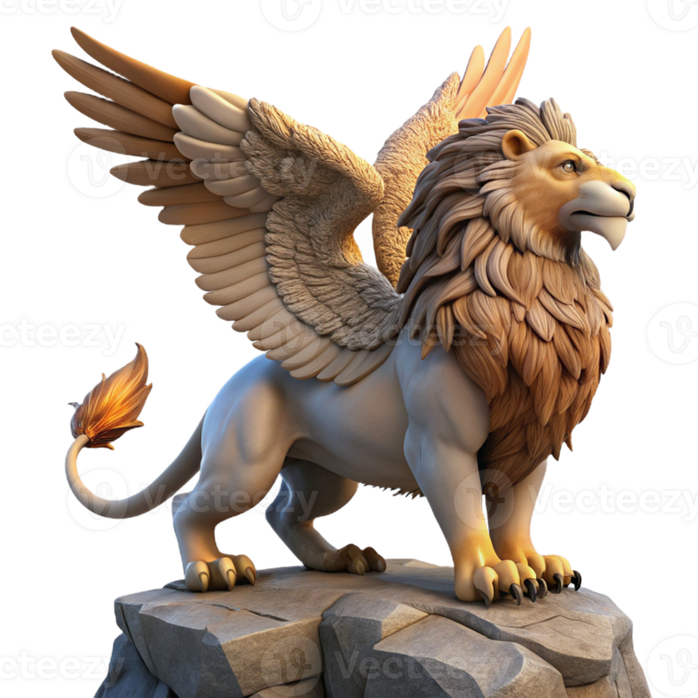 dramatic classic A proud Griffin, with the body of a lion and the head and wings of an eagle, perched atop a rocky crag, sunset lighting, realistic style, detailed textures, professional png