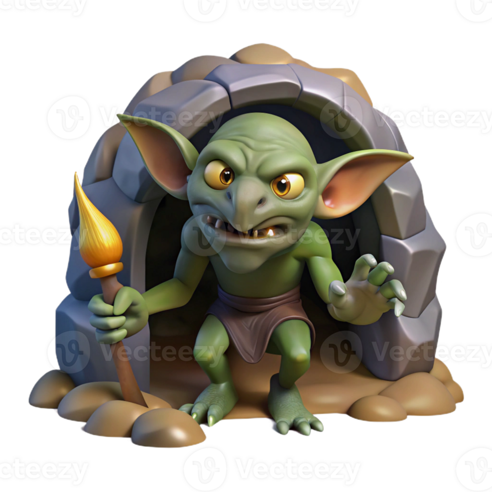 serene minimalist A mischievous Goblin scavenging in a dark cave, dimly lit, fantasy art style, detailed png