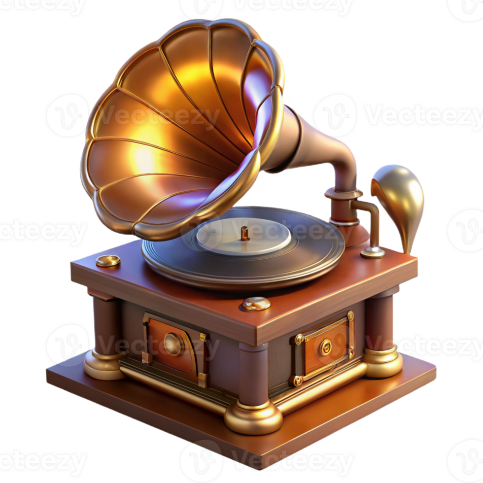 magnificent abstract Steampunk gramophone, intricate horn and turntable, playing a vinyl record, lit by a warm, ambient light, art deco style detailed png