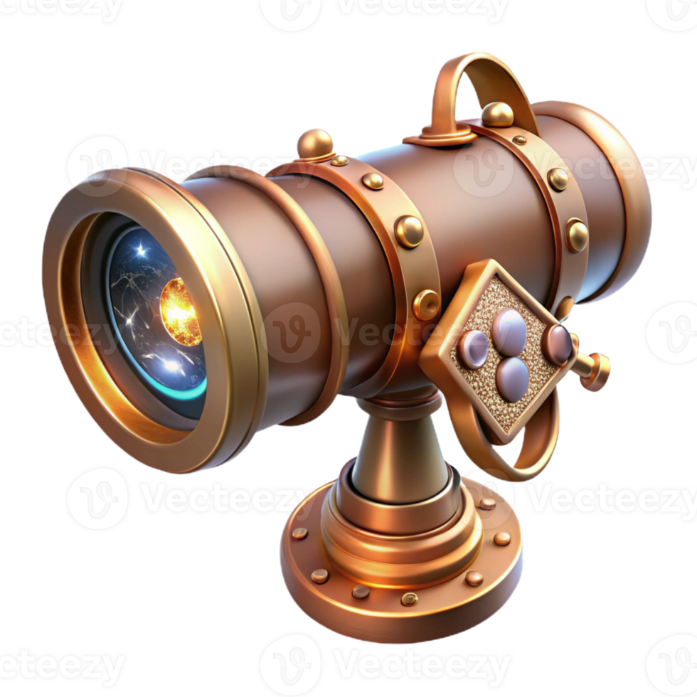 magnificent artistic Steampunk telescope, brass and copper, intricate lenses and gears, pointed at the stars, lit by a cool, moonlight genuine png