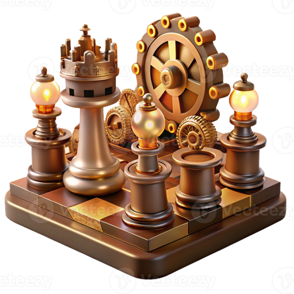 beautiful abstract Steampunk chess set, intricate clockwork pieces, gears and springs visible, on a brass chessboard, lit by a warm, candlelight authentic png