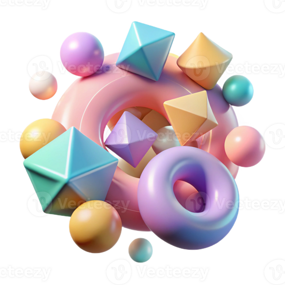 vibrant vintage A field of floating, geometric shapes in pastel hues, gently rotating and interacting, illuminated by a soft, diffused light. Rendered in a playful, kinetic art style high resolution png