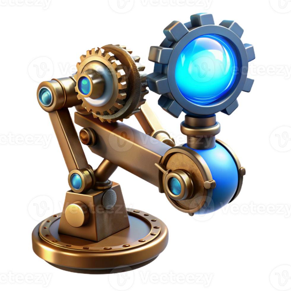 beautiful minimalist Steampunk robotic arm, intricate gears and pistons, holding a glowing blue orb, lit by a dramatic spotlight authentic png