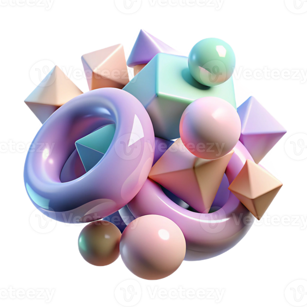 impressive artistic A field of floating, geometric shapes in pastel hues, gently rotating and interacting, illuminated by a soft, diffused light. Rendered in a playful, kinetic art style 4K png