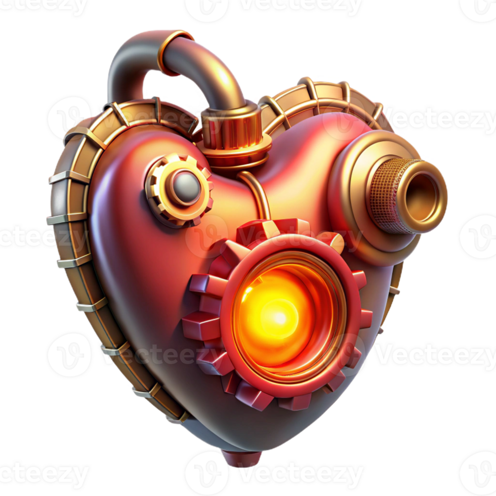 wonderful abstract Steampunk heart, intricate gears and pipes, glowing red energy core, lit by a warm, pulsating light premium png