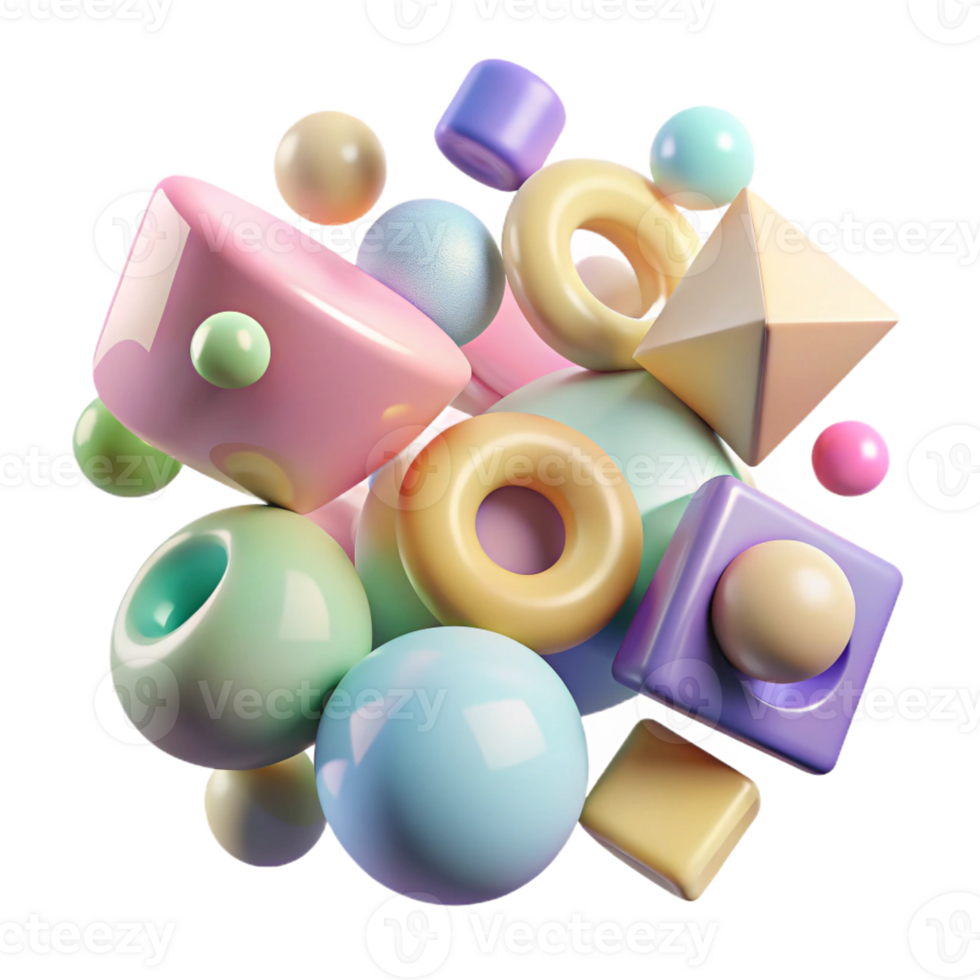 elegant modern A field of floating, geometric shapes in pastel hues, gently rotating and interacting, illuminated by a soft, diffused light. Rendered in a playful, kinetic art style authentic png