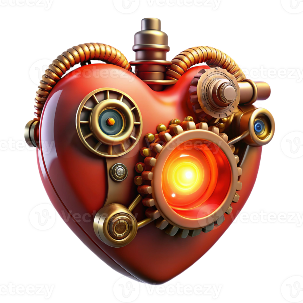 extraordinary abstract Steampunk heart, intricate gears and pipes, glowing red energy core, lit by a warm, pulsating light high quality png
