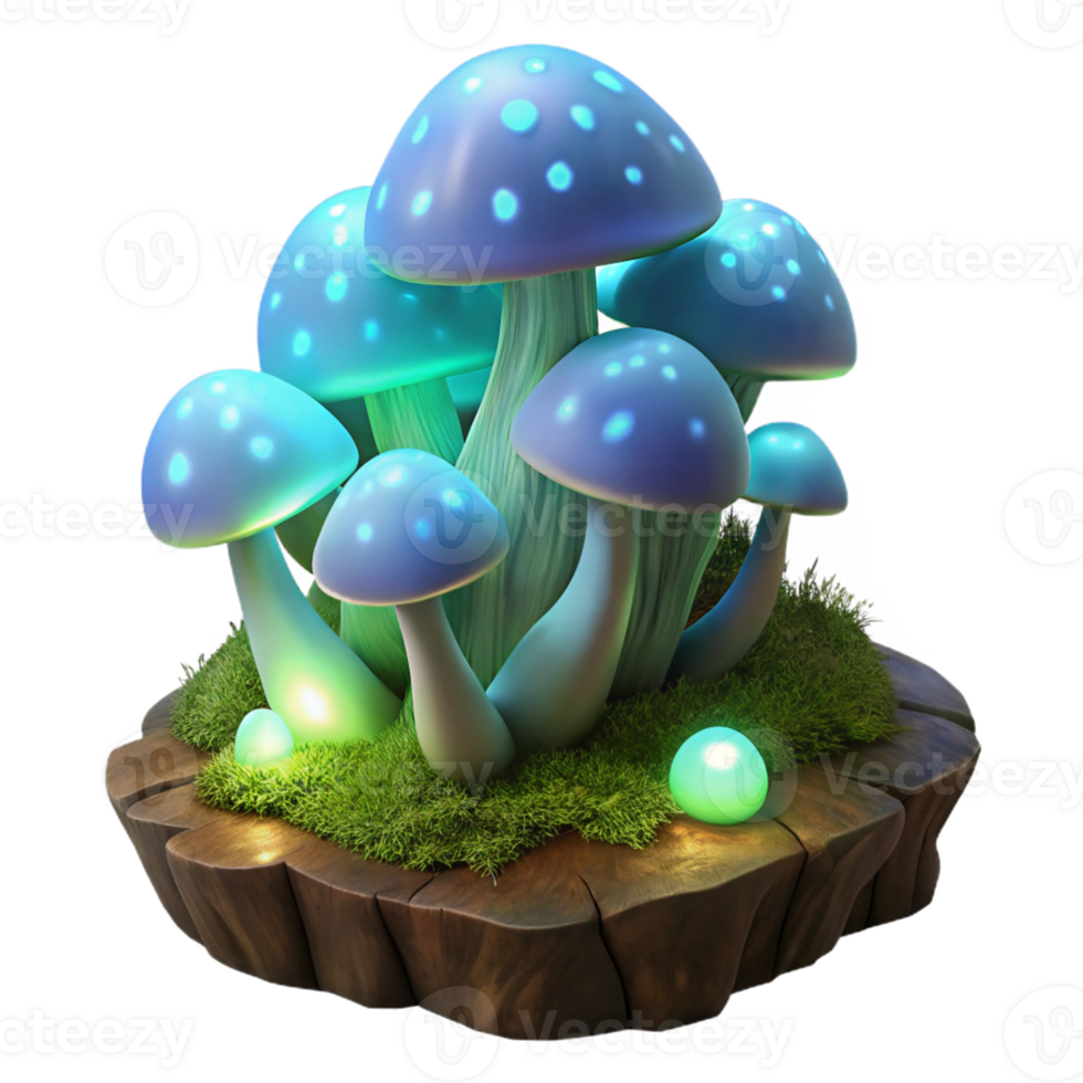 dramatic creative A cluster of luminous, bioluminescent mushrooms growing on a mossy log, dark forest setting, ethereal lighting, fantasy art style high resolution png