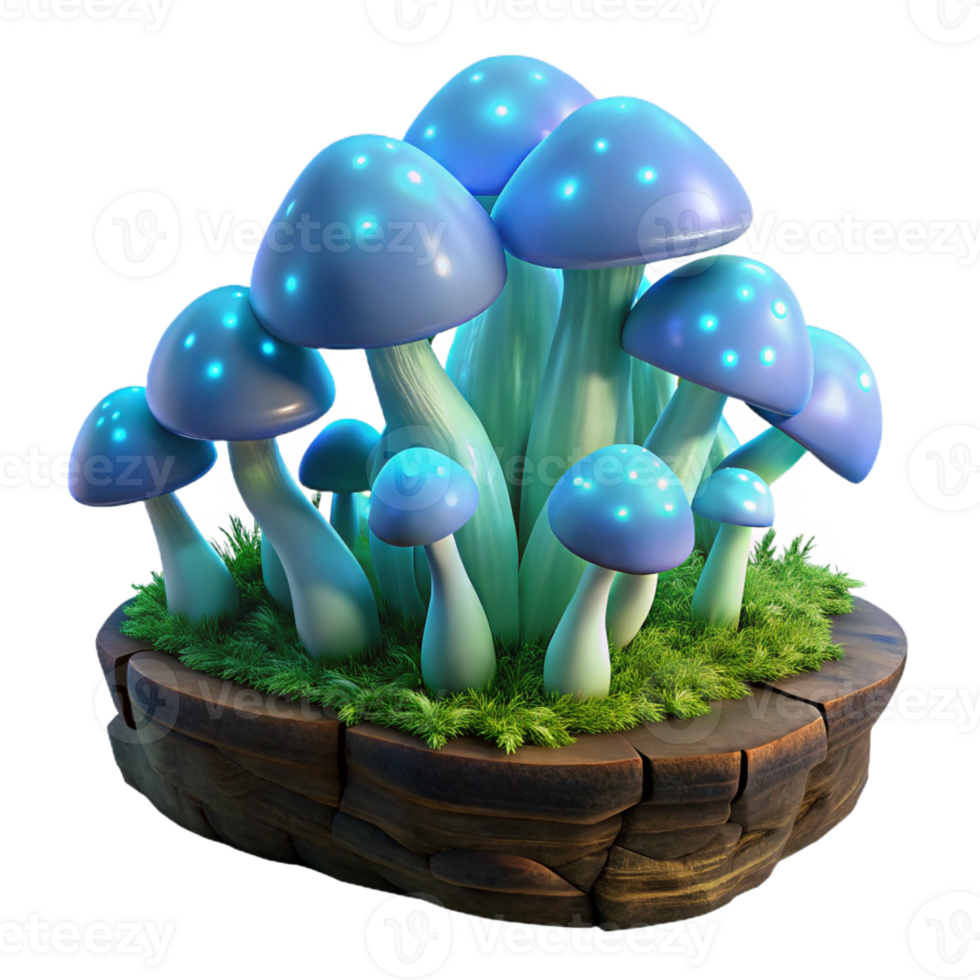 vibrant rustic A cluster of luminous, bioluminescent mushrooms growing on a mossy log, dark forest setting, ethereal lighting, fantasy art style authentic png