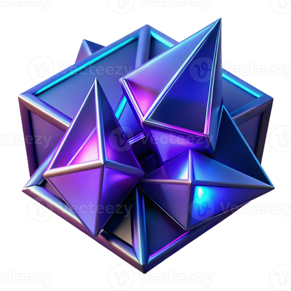 dramatic traditional Fractured geometric shapes, primarily triangles and squares, in shades of deep violet and electric blue, with sharp, contrasting edges and neon light accents 4K png