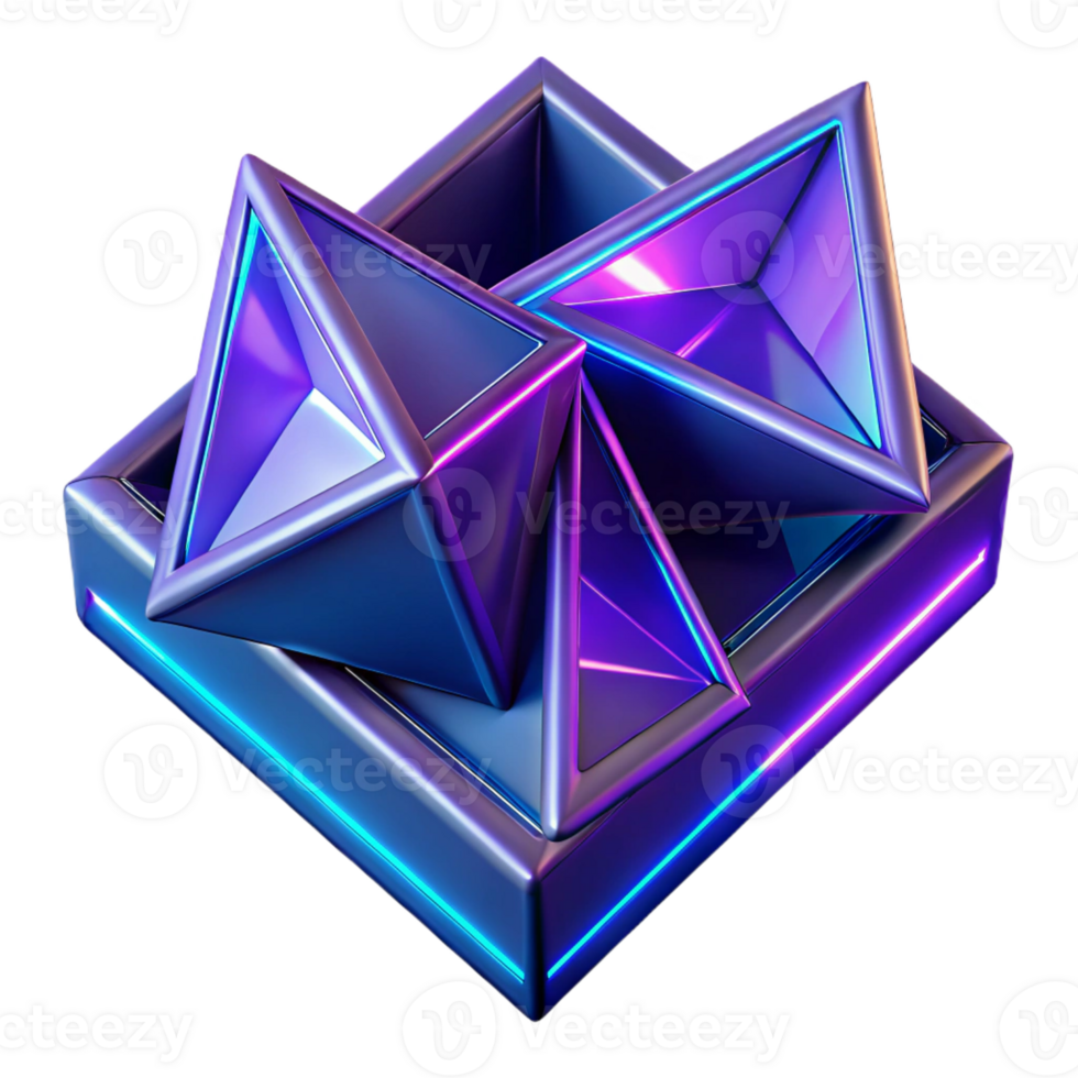 wonderful artistic Fractured geometric shapes, primarily triangles and squares, in shades of deep violet and electric blue, with sharp, contrasting edges and neon light accents high resolution png