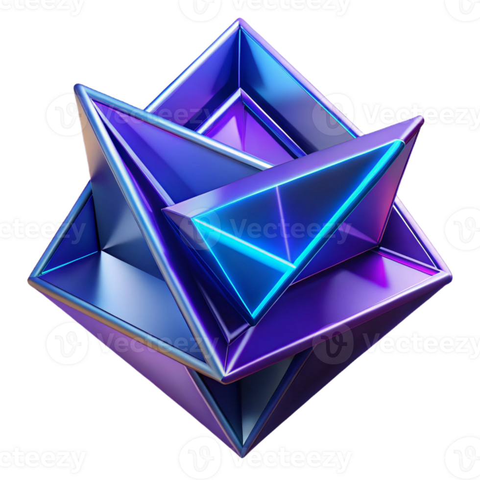 wonderful contemporary Fractured geometric shapes, primarily triangles and squares, in shades of deep violet and electric blue, with sharp, contrasting edges and neon light accents genuine png