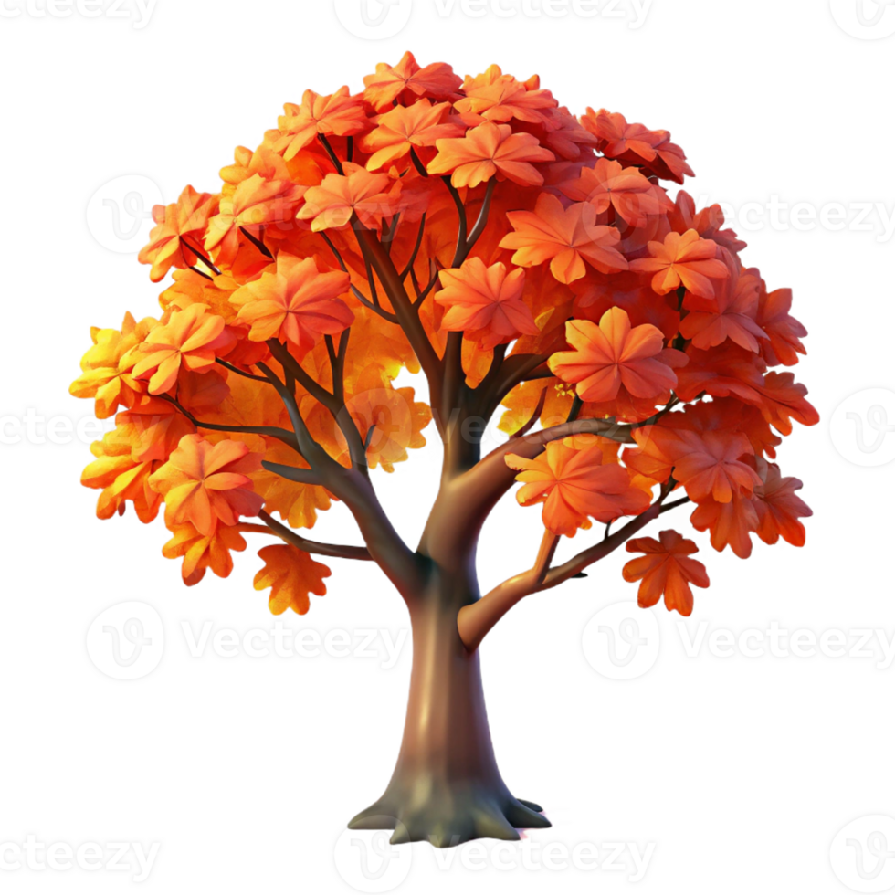 stunning abstract A majestic oak tree in autumn, leaves in fiery hues of orange and red, stark silhouette against a twilight sky, digital painting style professional png