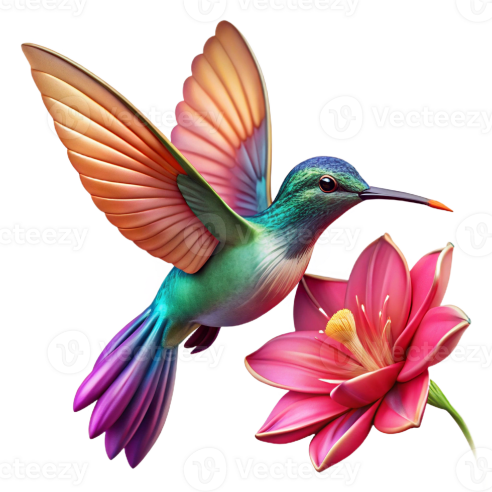 serene abstract A hummingbird hovering near a vibrant fuchsia flower, iridescent feathers catching the sunlight, dynamic pose, nature photography style high quality png
