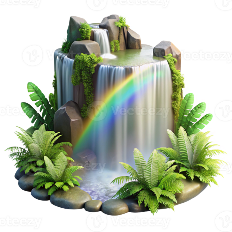 vibrant contemporary A cascading waterfall surrounded by lush green ferns, mist and spray creating a rainbow effect, realistic rendering, cinematic lighting 4K png