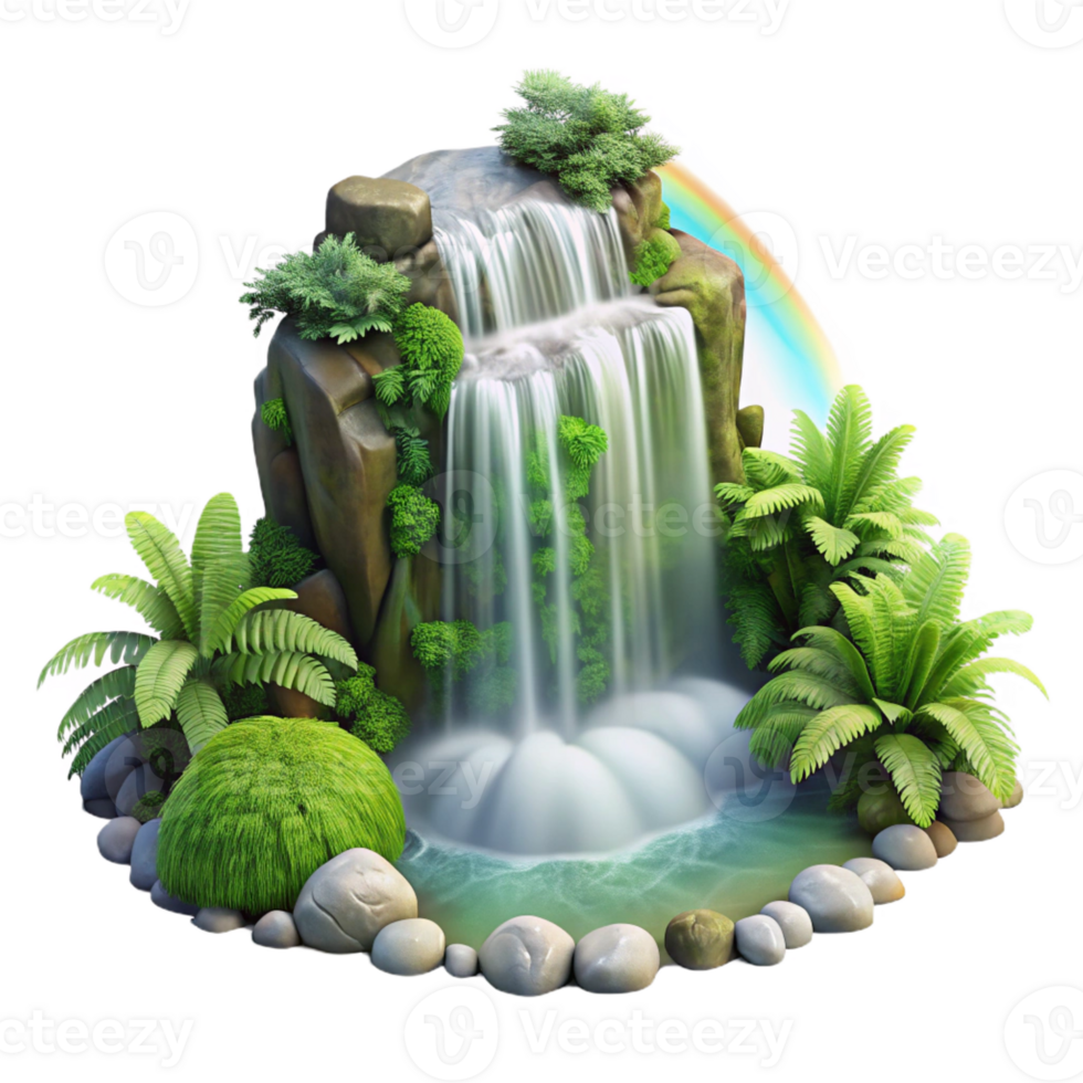 vibrant modern A cascading waterfall surrounded by lush green ferns, mist and spray creating a rainbow effect, realistic rendering, cinematic lighting high quality png