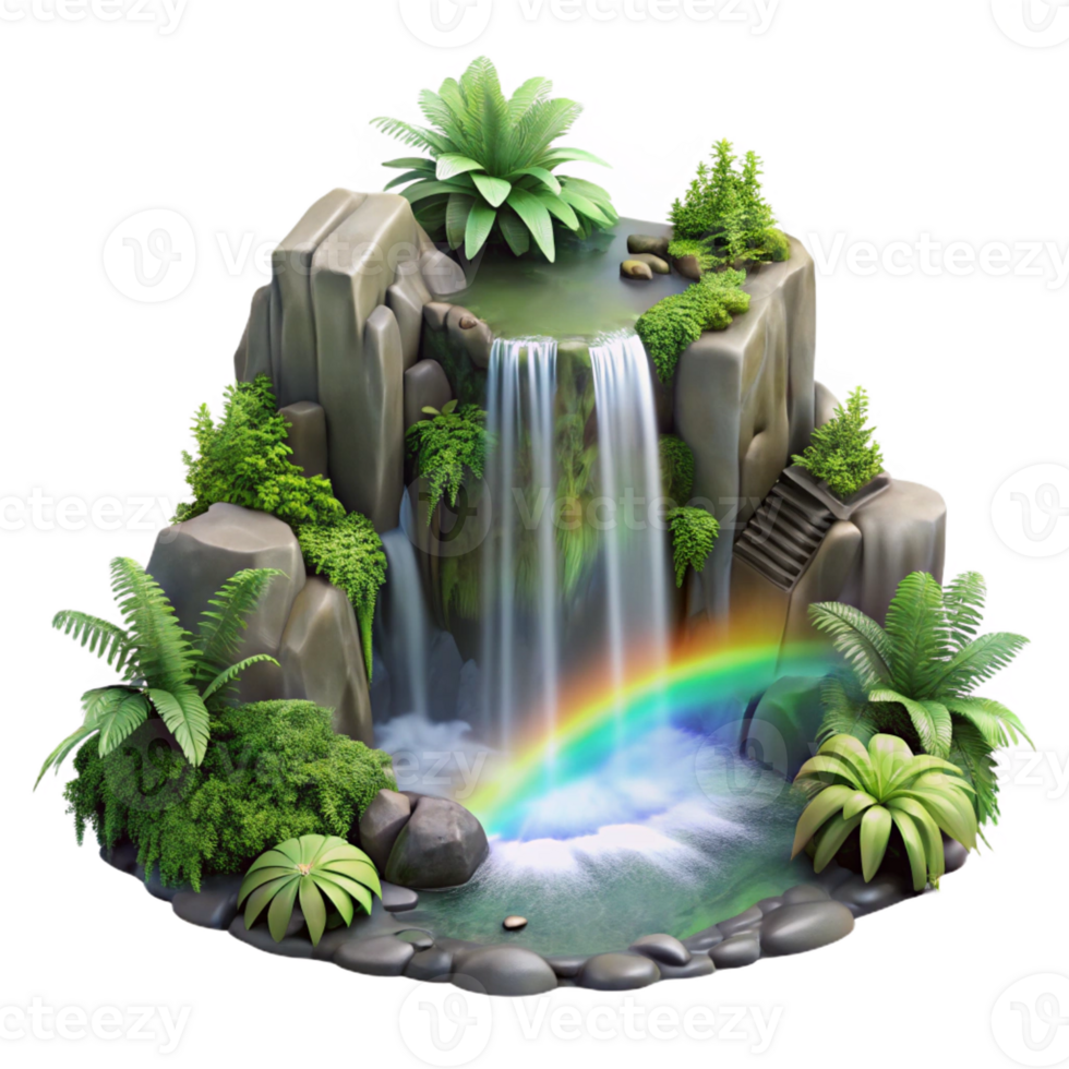 elegant rustic A cascading waterfall surrounded by lush green ferns, mist and spray creating a rainbow effect, realistic rendering, cinematic lighting exclusive png