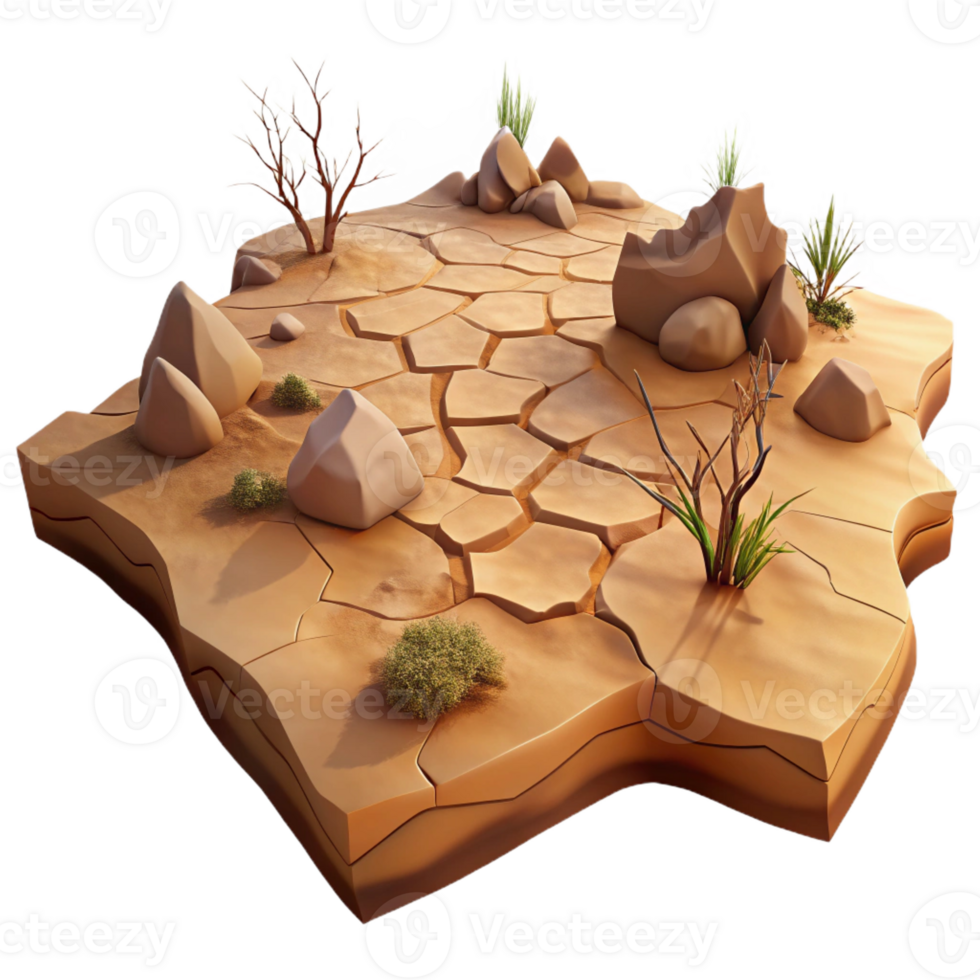 elegant minimalist A cracked desert landscape, dry earth and sparse vegetation, harsh sunlight, photorealistic style high resolution png