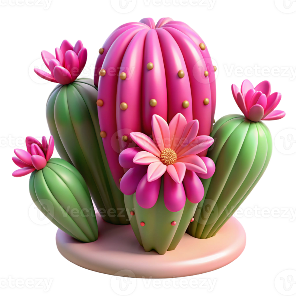 serene modern A cactus plant with vibrant pink flowers, detailed spines and textures, desert landscape photography style authentic png