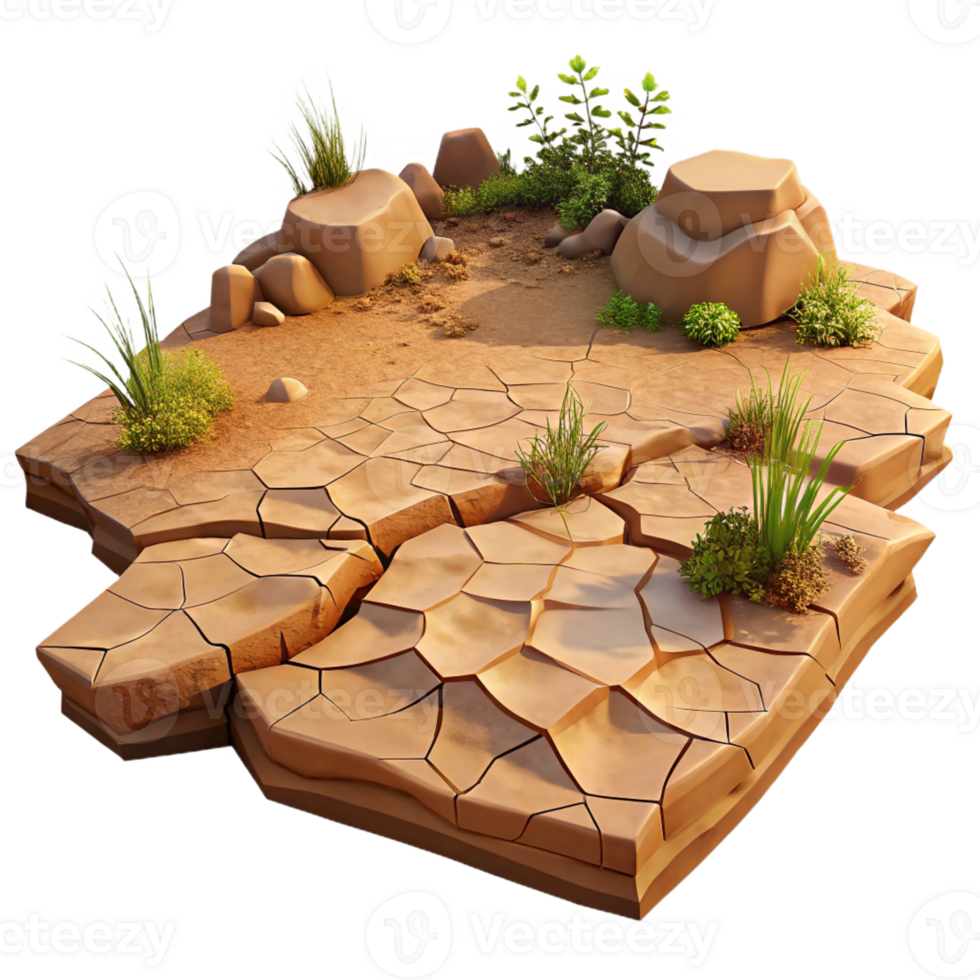 serene artistic A cracked desert landscape, dry earth and sparse vegetation, harsh sunlight, photorealistic style high resolution png